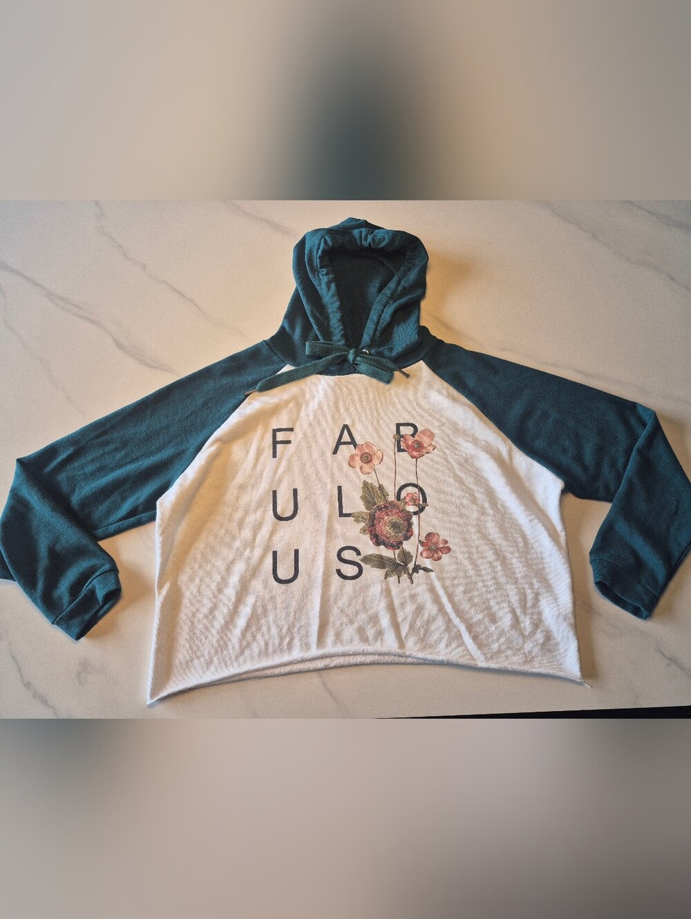 Ardene Teal Sleeve White Floral 'Fabulous' Hoodie
